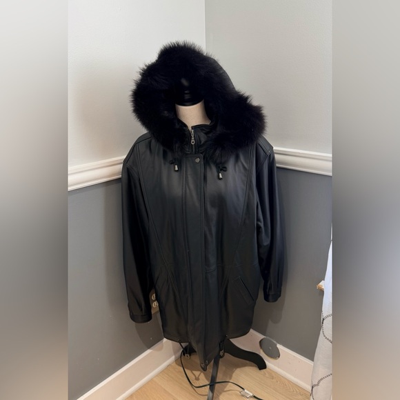 Amber Stone Jackets & Blazers - Amber Stone Black Hooded Leather Jacket with Fox Fur Trim Size Large